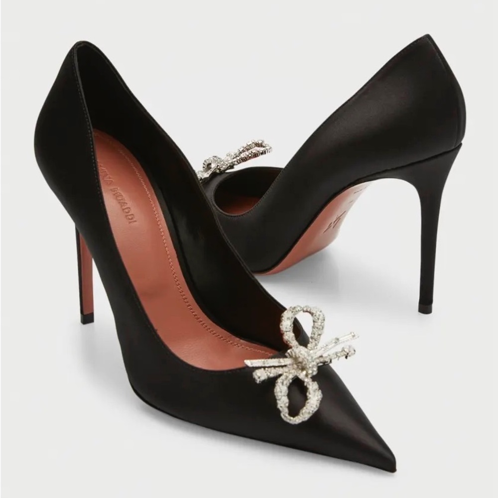Amina Muaddi Rosie Crystal Bow Satin Pumps